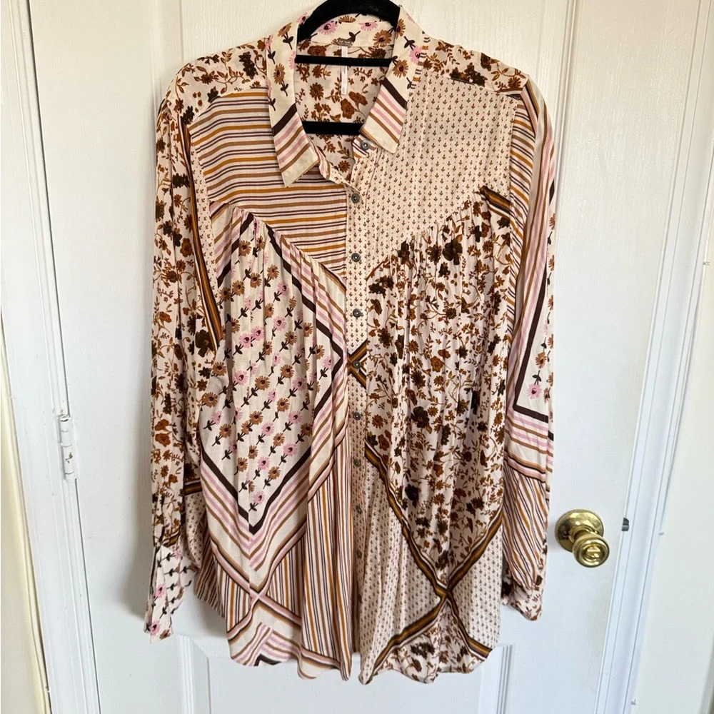 Free People Mixed Floral and Stripe Button-Down Shirt in Cream and Brown - Picture 5 of 8